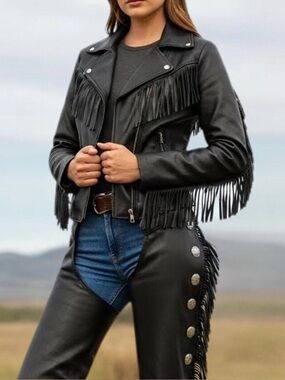 Black Fringe Leather Moto Jacket - Women